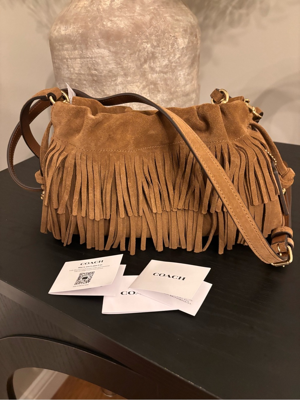 Authentic Faye Fringe Suede Shoulder Top Handle Crossbody Bag Cedar - Picture 4 of 12